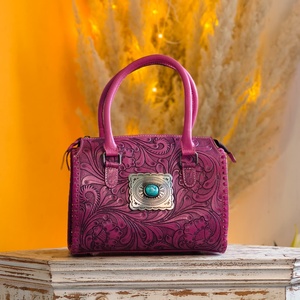 New Handcrafted Western Stylish Hand Tooled Florals Carved With Single Stone Studded 100% Genuine Leather <b>Mini</b> Speedy Duffle Bag - Product Image 1