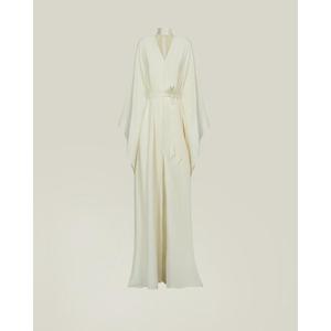Vestido de fiesta hecho a mano, largo hasta el suelo, de satén blanco, con cuello en V, abertura frontal y diseño de manga corta, a precio de mayoreo. - Product Image 3