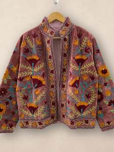 <b>Women's</b> Red <b>Velvet</b> Embroidered Floral <b>Jacket</b> Zipper Stand Collar Coats <b>Women</b> Stand Collar Coat Red <b>Velvet</b> Coat Floral - Product Image 4