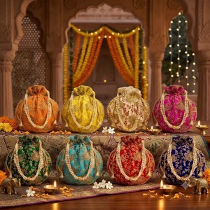 Sac Potli en Soie Fait Main Brodé avec Cordon, Pochette Traditionnelle, Cadeau de Mariage, Logo Personnalisé, Mariée, Fête de Diwali - Product Image 3