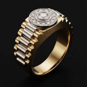 <b>Two</b> Tone Moissanite <b>Ring</b> Men Hip Hop Band Round Center <b>Stone</b> Prong Set Jewelry - Product Image 3
