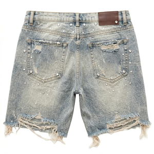 Men's Mid Waist Custom Button Fly Ripped Denim Bermuda <b>Shorts</b> With Rhinestone <b>Decoration</b> Washed Cotton Casual Style - Product Image 2