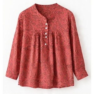 Blusa de Algodón Tejido con Estampado Floral Personalizado, Top de Verano para Mujer, Manga Larga, Túnica Corta Sostenible, Estilo Boho con Decoración de Botones - Product Image 2
