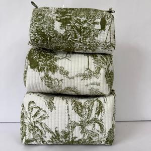Premium Green Toile Print Cosmetic Pouch Set Quilted Cotton Makeup Bags Travel <b>Toiletry</b> Organizer - Product Image 3