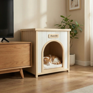 Maison pour animaux de compagnie en bois de cèdre massif moderne, couleur blanc crème et jaune clair, pour petits chiens et chats, meubles de salon - Product Image 2