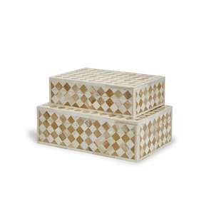 Boho Chic Customizable Rectangle Bone Inlay Wooden Jewelry <b>Storage</b> <b>Box</b> <b>Brown</b> White Geometric Diamond Checkerboard Pattern - Product Image 2