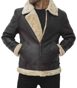 Blouson aviateur en cuir véritable marron pour homme, col rabattu, fermeture éclair, doublure en fausse fourrure, style motard hiver - Product Image 1