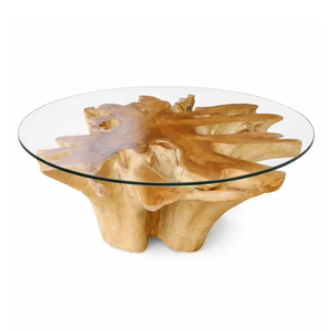 Natural Solid Teak <b>Root</b> <b>Coffee</b> <b>Table</b> Tempered Glass Top Natural Tree Stump Base Luxury Rustic Living Room Furniture - Product Image 1