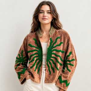 Handmade <b>Velvet</b> Jacket <b>for</b> <b>Women</b>, Rust Brown Embroidered Jacket, Green Floral Embroidery, Boho Vintage <b>Velvet</b> <b>Coat</b> - Product Image 1