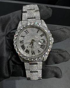Montre Hip Hop de Luxe Iced Out, Cadran Romain en Acier Inoxydable Argenté avec Diamants, Style Bling Bling Rapper, Mouvement ETA, Boîtier 40mm - Product Image 1