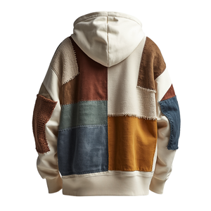 Sweat à capuche oversize de luxe pour homme en molleton de coton, avec appliqué en chenille en relief et patchwork en tissu, construction robuste - Product Image 3