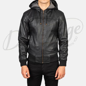 Chaqueta Bomber de Cuero Genuino Negro Premium para Hombre con Capucha - Prenda Exterior Casual de Piel de Oveja Genuina con Corte Ajustado y Ribete Acanalado - Product Image 5