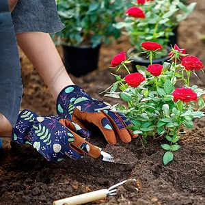 Guantes de Jardinería Transpirables de Tela con Dedos Completos y Abertura Flexible en la Muñeca, Guantes de Jardinería con Estampado Floral para Mujer - Product Image 4
