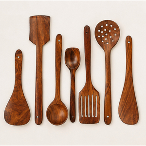 Ensemble d'ustensiles de cuisine en bois écologiques et modernes, 4 pièces, avec spatule à long manche, louche et cuillère, pour la maison et la restauration - Product Image 1