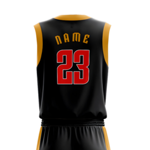 Ensemble d'uniformes de basketball personnalisés pour hommes, noir et or, maillot sans manches col en V et short, avec nom et numéro d'équipe, imprimé éclair, kits en gros - Product Image 3