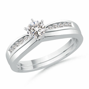 Anillo de compromiso y boda de lujo con diamante solitario cultivado en laboratorio, engaste de rodio con piedras laterales, oro de 10K/14K/18K, plata 925/935 - Product Image 2