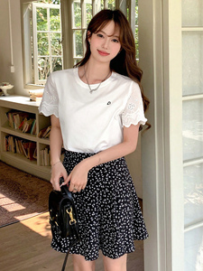 Customized Trim Eyelet Lace Sleeve Crewneck Tee Custom Logo Chic <b>Tops</b> Elegant Clothing Apparel Preppy Women's Shirts Summer - Product Image 4