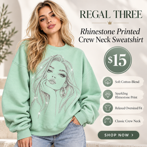 Women's Rhinestone Printed Crew Neck Sweatshirt Oversized Cotton Fleece Pullover Sweat Tee <b>Ladies</b> Drop Shoulder Baggy Sweat <b>Top</b> - Product Image 1