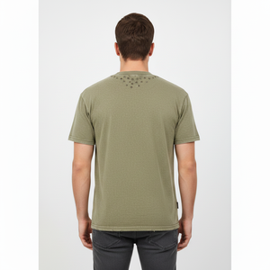 T-shirt à manches courtes pour homme, vert olive, coupe classique, couleur unie, décontracté, col rond, jersey de coton - Product Image 3
