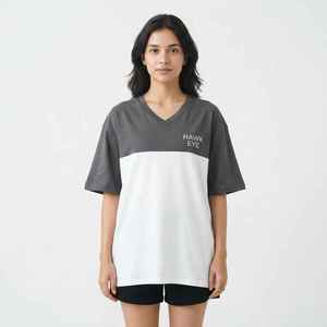 <b>Women's</b> Color Block <b>V</b>-<b>Neck</b> <b>T</b>-<b>Shirt</b> Short Sleeve Loose Fit 100% Cotton Jersey Breathable Spring Summer Casual Top - Product Image 1