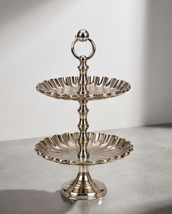 Premium Silver Metal 2 <b>Tier</b> <b>Cake</b> <b>Stand</b> with Ring Handle Pedestal Base Scalloped Pastry Cupcake Display Serving Plate - Product Image 1
