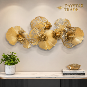 DAYSTAR TRADE Ensemble de sculptures murales florales modernes plaquées or, art métallique contemporain, décoration de salon, pièce unique rectangulaire - Product Image 1