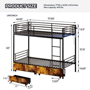 Stazione di Ricarica USB, Letto a Castello in Metallo con Ringhiera di Sicurezza, Scala e Spazio di Stoccaggio, Funzione Divisibile, Senza Scatola Inclusa - Product Image 2