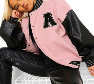 Veste pour homme, veste bomber varsity rose et noire, manches en cuir, streetwear, mode, coupe ample, automne-hiver - Product Image 5