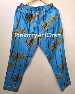 Tissu artisanal en coton pur imprimé à la main motif palmier tropical bleu, respirant, séchage rapide, écologique, unisexe, printemps, automne, été - Product Image 3