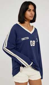Oneten Women Navy Blue <b>V</b> <b>Neck</b> <b>Long</b> <b>Sleeve</b> Drop Shoulder Jersey <b>Top</b> With Number 08 - Product Image 3