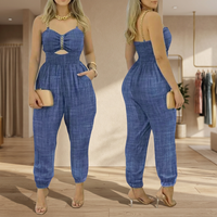 Combinaison en jean bleu pour femme, style décontracté, bretelles spaghetti, coupe ample, poches découpées, séchage rapide, écologique, idéale pour l'été