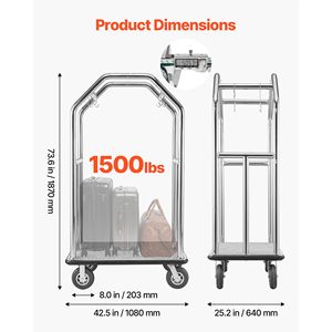 Carrello Portabagagli per Hotel Resistente da 680 kg in Acciaio Inossidabile con 8 Ruote in Gomma e Piano di Carico Grigio Tappetinato - Product Image 3