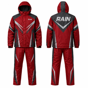 RAIN Men's Hooded <b>Waterproof</b> Sporty <b>Jacket</b> <b>Red</b> Gray PU Coated Zipper Closure Winter Wear Geometric Pattern - Product Image 1