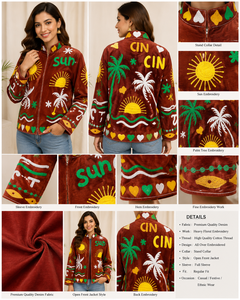 Velvet Embroidered <b>Jacket</b> Women <b>Mandarin</b> <b>Collar</b> Full Sleeve Summer Vacation Style Hand Embroidery Zipper Closure - Product Image 6