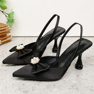 Light Luxury Pearl Bowtie Pointed-toe Open-heel High Heels French-style Elegant Stiletto Buckle Closure PU Upper TPU <b>Sandals</b> - Product Image 4