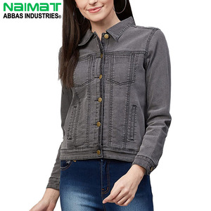 Veste en jean gris décontractée pour femme, coupe ajustée, manches longues, style vintage, classique, boutonnée, pour femmes - Product Image 1