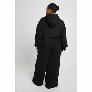 Ensemble de survêtement à capuche surdimensionné pour femmes, pantalon de survêtement en molleton long et sweat-shirt à fermeture éclair, vêtements de sport décontractés, noir uni, deux pièces - Product Image 2