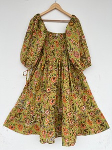 Green Floral 3/4th Sleeve Shirred Bodice Pure Cotton Maxi <b>Dress</b> Flowy Hem Comfy Fit <b>Boho</b> <b>Summer</b> Wear Women Garden Party Outfit - Product Image 1