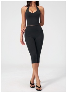 Black 2 Piece Yoga Set Deep V Neck Halter <b>Crop</b> <b>Top</b> High Waist Calf-Length Leggings Seamless Solid Color - Product Image 6