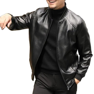 Men's Genuine Leather Winter <b>Jacket</b> with Stand Collar Front Logo Letter Pattern-Elegant Motorcycle Design - Product Image 5