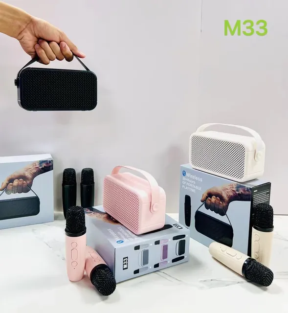 M33 Mini Karaoke Speaker 2 Wireless Microphones Portable PA Sound System Home KTV Party Speaker Clear Sound Heavy Bass Audio