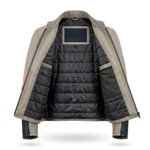 Blouson en cuir beige marine pour homme, personnalisé, tricolore, style motard, en cuir de vachette véritable, avec panneaux courbes, streetwear, vente en gros, direct usine - Product Image 5
