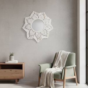 Espejo de Pared de Macramé Bohemio Blanco, Espejo de Vidrio Hecho a Mano con Cuerda de Algodón, Decoración para Sala de Estar, Diseño Geométrico Redondo - Product Image 3