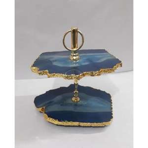 Modern Luxury Blue 2 <b>Tier</b> <b>Cake</b> and Dessert <b>Stand</b> with Brass Rod Elegant Organizer for Weddings Events and Decor 2 Color Tone - Product Image 1