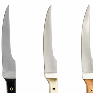 Tres cuchillos delgados para deshuesar con hojas curvas plateadas, mangos negros, blancos y marrones naturales, y empuñaduras remachadas para el recorte de carne. - Product Image 4