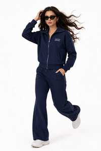 Ensemble de survêtement décontracté pour femme ONETEN APPAREL, bleu marine, en coton, avec fermeture éclair, col montant, manches longues et pantalon de jogging uni - Product Image 4