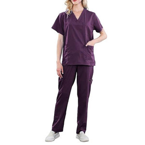 Ensemble de blouses médicales pour femmes, couleur violette, haut à col en V avec poches, pantalon à cordon de serrage, uniformes d'hôpital, tissu tissé en coton et polyester - Product Image 4