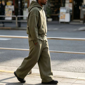 Ensemble de survêtement à capuche vert olive pour homme, manches longues, décontracté, pour l'automne, couleur unie, fermeture à cordon, 100% coton, imprimé sur le côté - Product Image 3