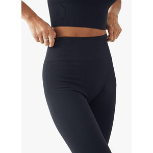 wholesale Yoga Set Solid <b>Black</b> Racerback Crop Top High Waist Full Length Leggings Seamless Four Way Stretch Activewear - Product Image 5