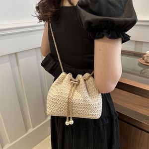 "Woven Women's <b>Bucket</b> <b>Bag</b> with <b>Pearl</b> Decoration and Drawstring Closure" - Product Image 3